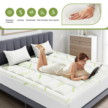 JHK Bamboo Fiber Mattress Topper With Deep Pockets Back Relief