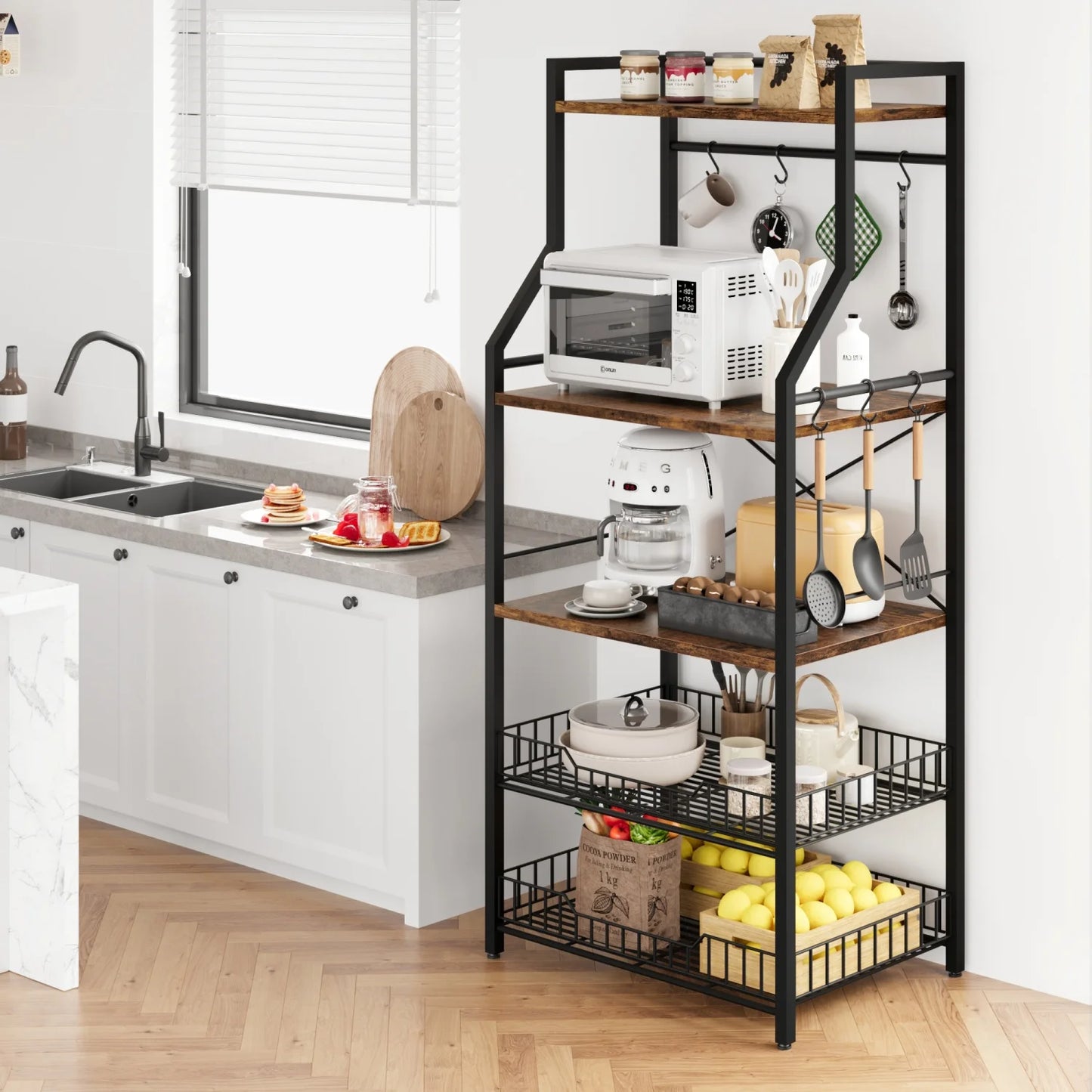 HiMISS Kitchen Bakers Rack With Microwave Stand And Baskets