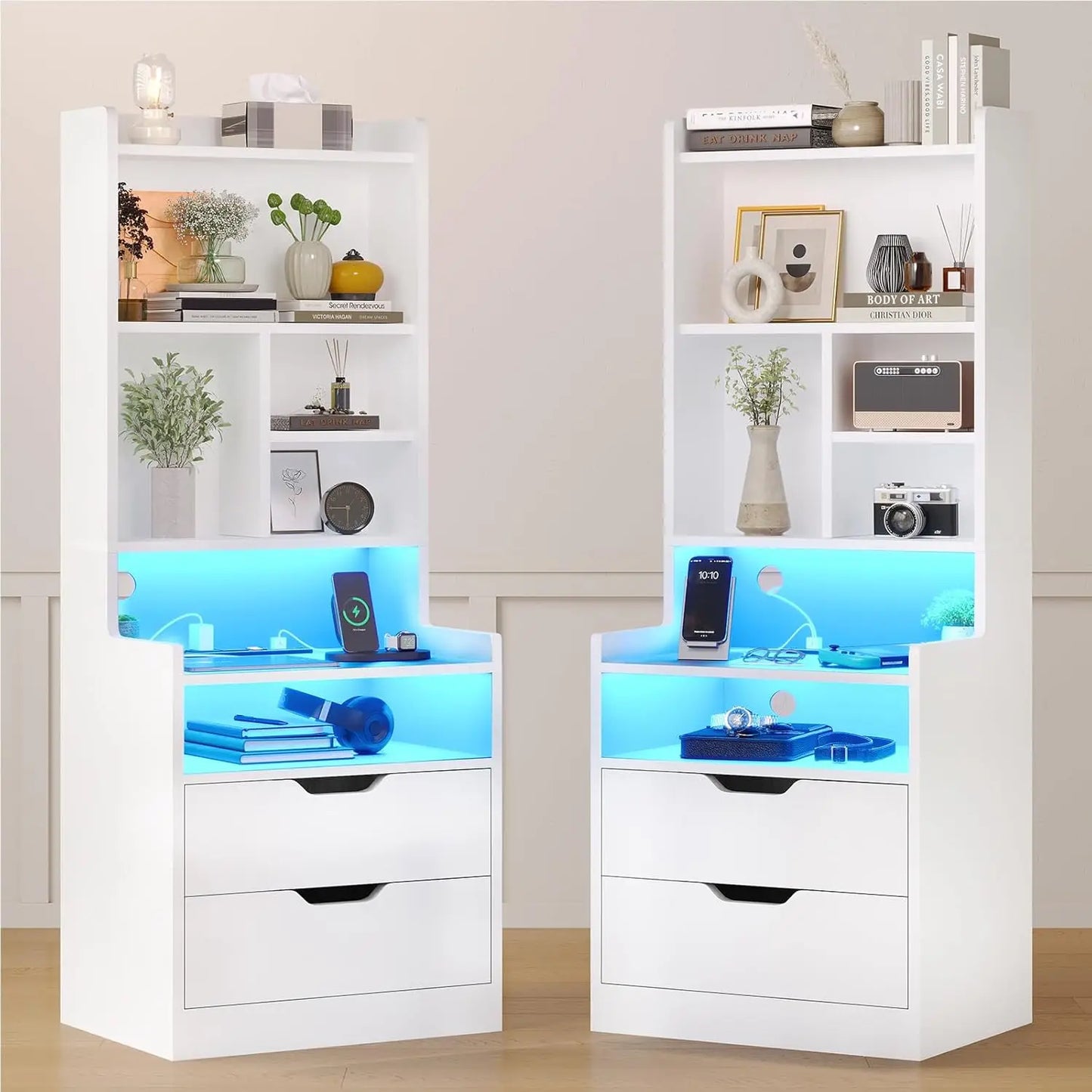 GUANGBAI Set of 2 Side Charging Nightstands With LED Lights