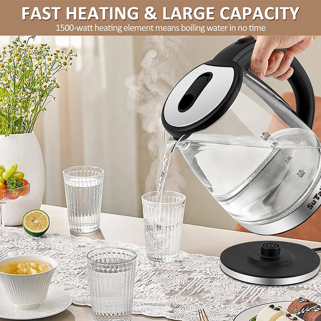Fast Electric Water Kettle Borosilicate Glass Auto Off Led Light