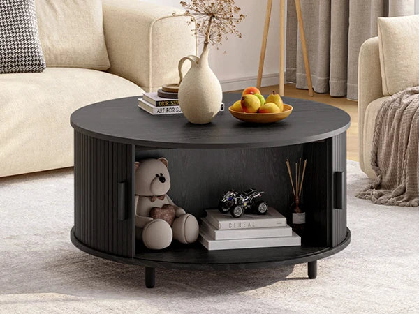 ONBRILL Round Coffee Table With Storage Curved Sliding Door