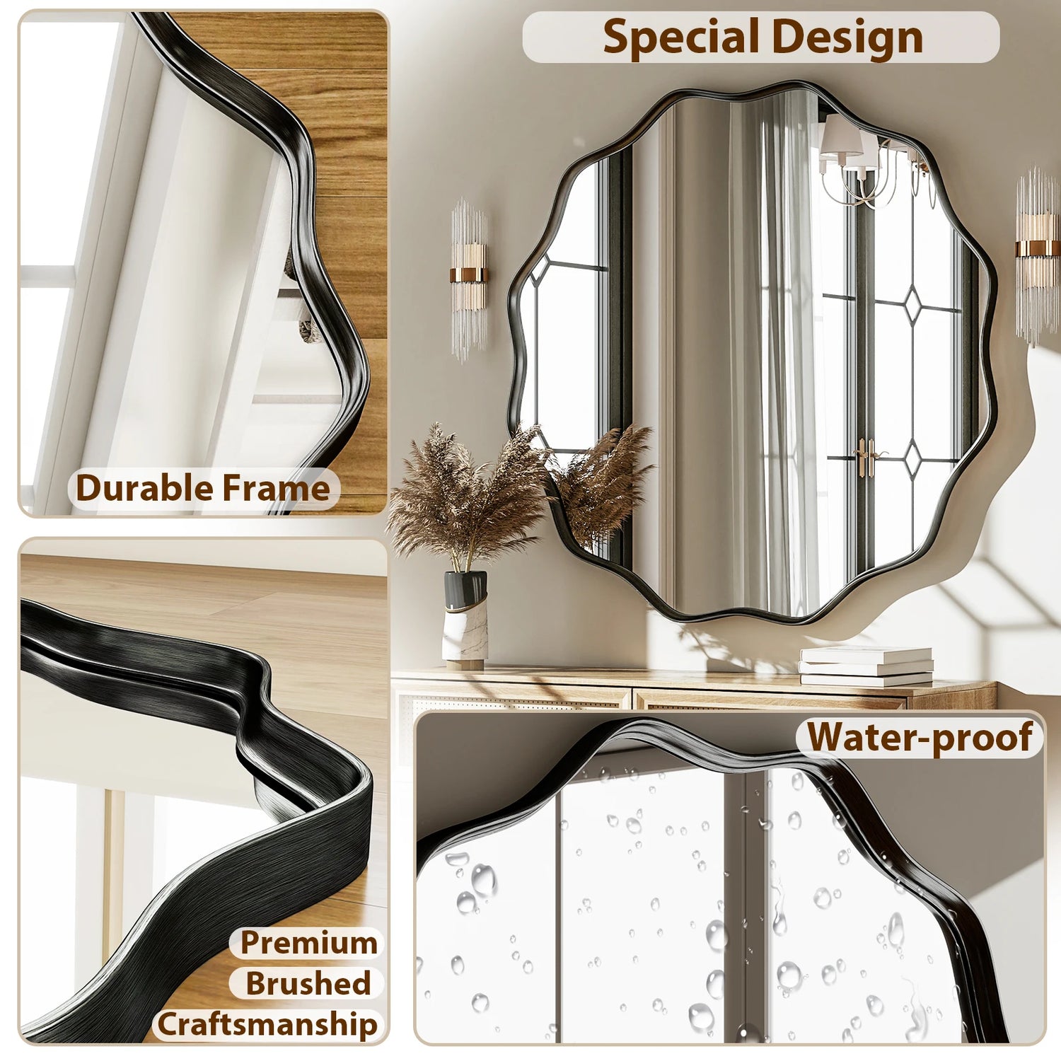 BEAUTYPEAK Wavy Round Decorative Bathroom Mirror With Deep Frame