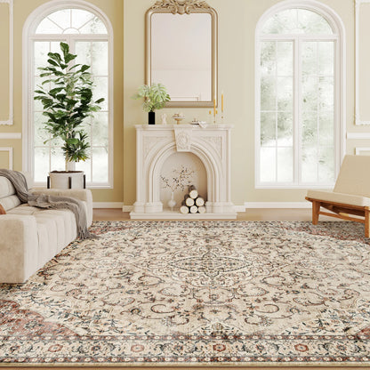 Machine Washable Vintage Oriental Medallion Polyester Area Rug