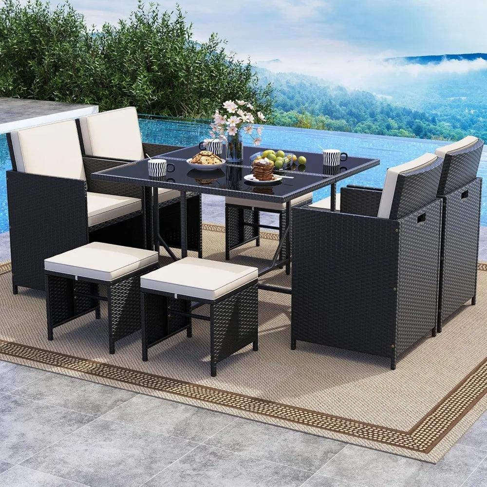 Outdoor 9 Piece Patio Dining Set With Rattan Chairs Table