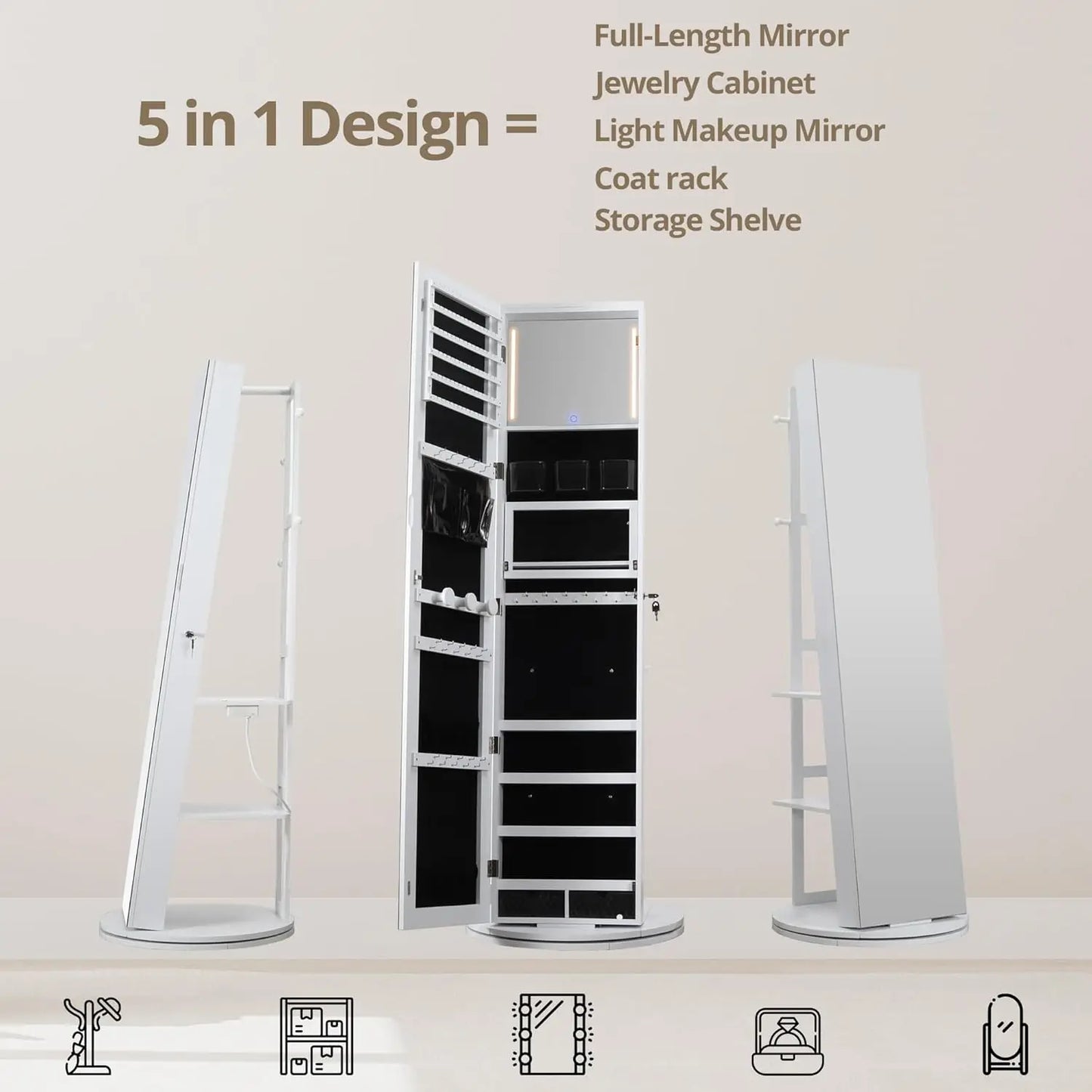 Ironck 360 Degree Swivel Mirrored Jewelry Cabinet With LED Lights