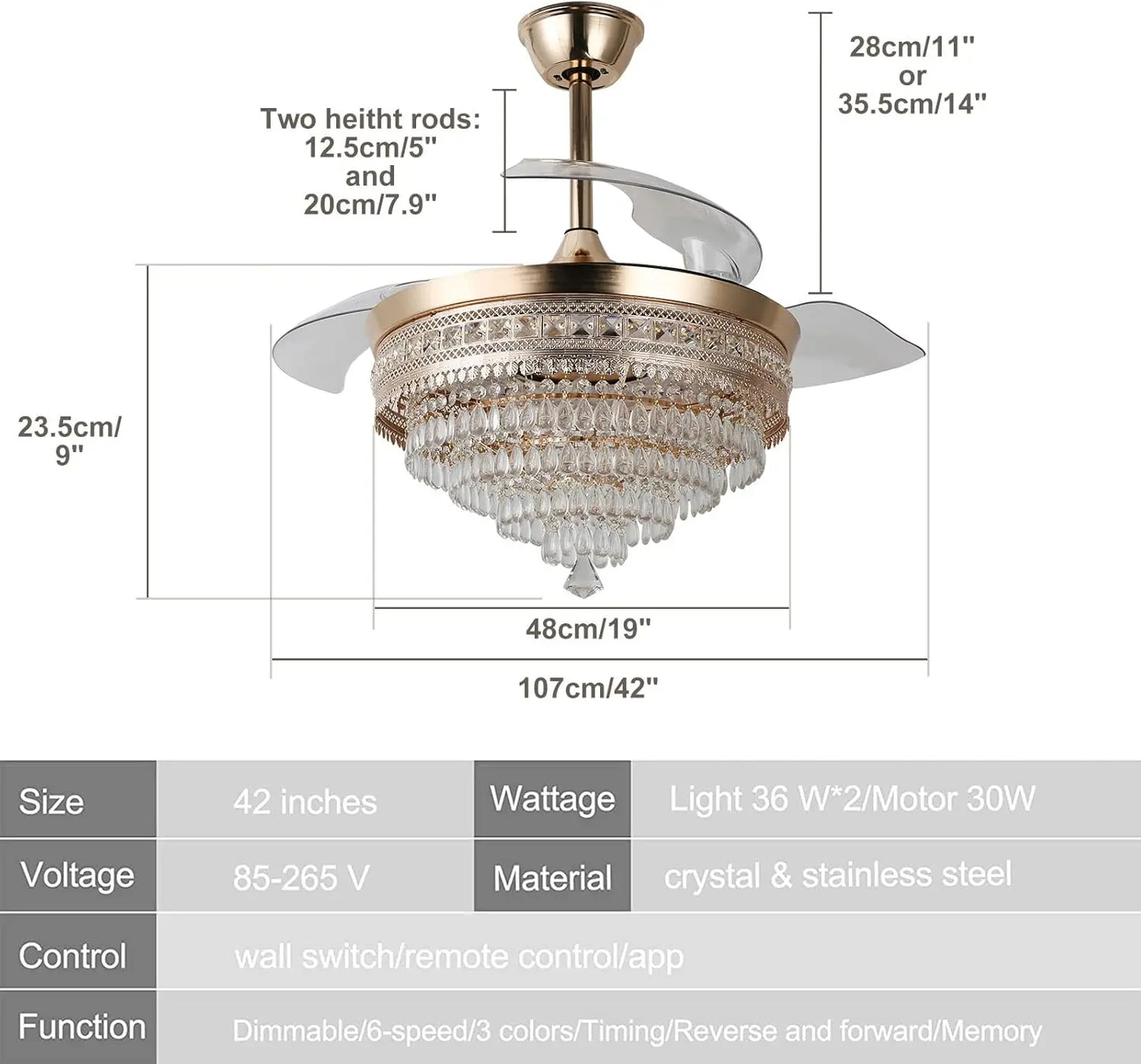 Dimmable LED Crystal Fandelier Ceiling Fan With Light