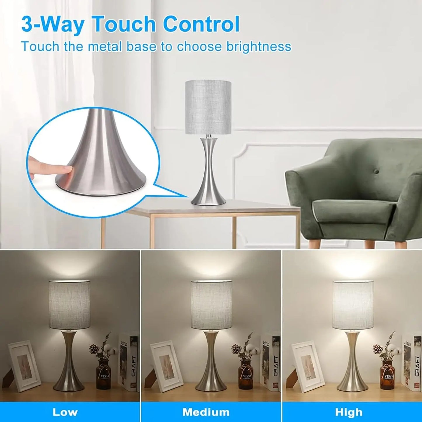 3-Way Touch Table Lamp, Metal Base, Dimmable Bedside LED Included