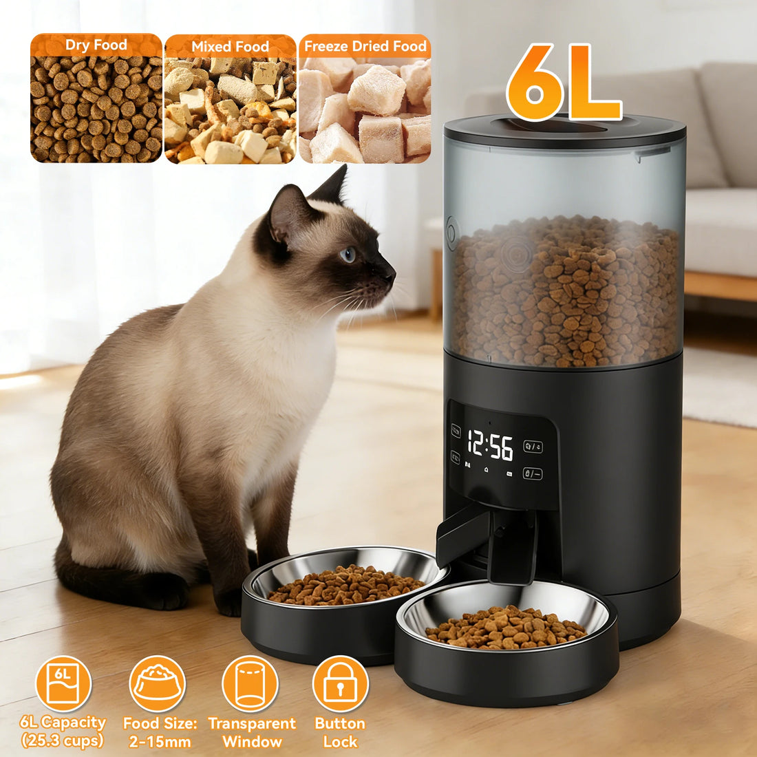 Automatic Cat Feeder With Two Stainless Bowls Timed Dispenser