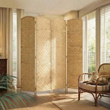 Freestanding Four Panel Folding Room Divider With Pine Wood Frame