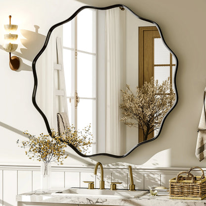 BEAUTYPEAK Wavy Round Decorative Bathroom Mirror With Deep Frame