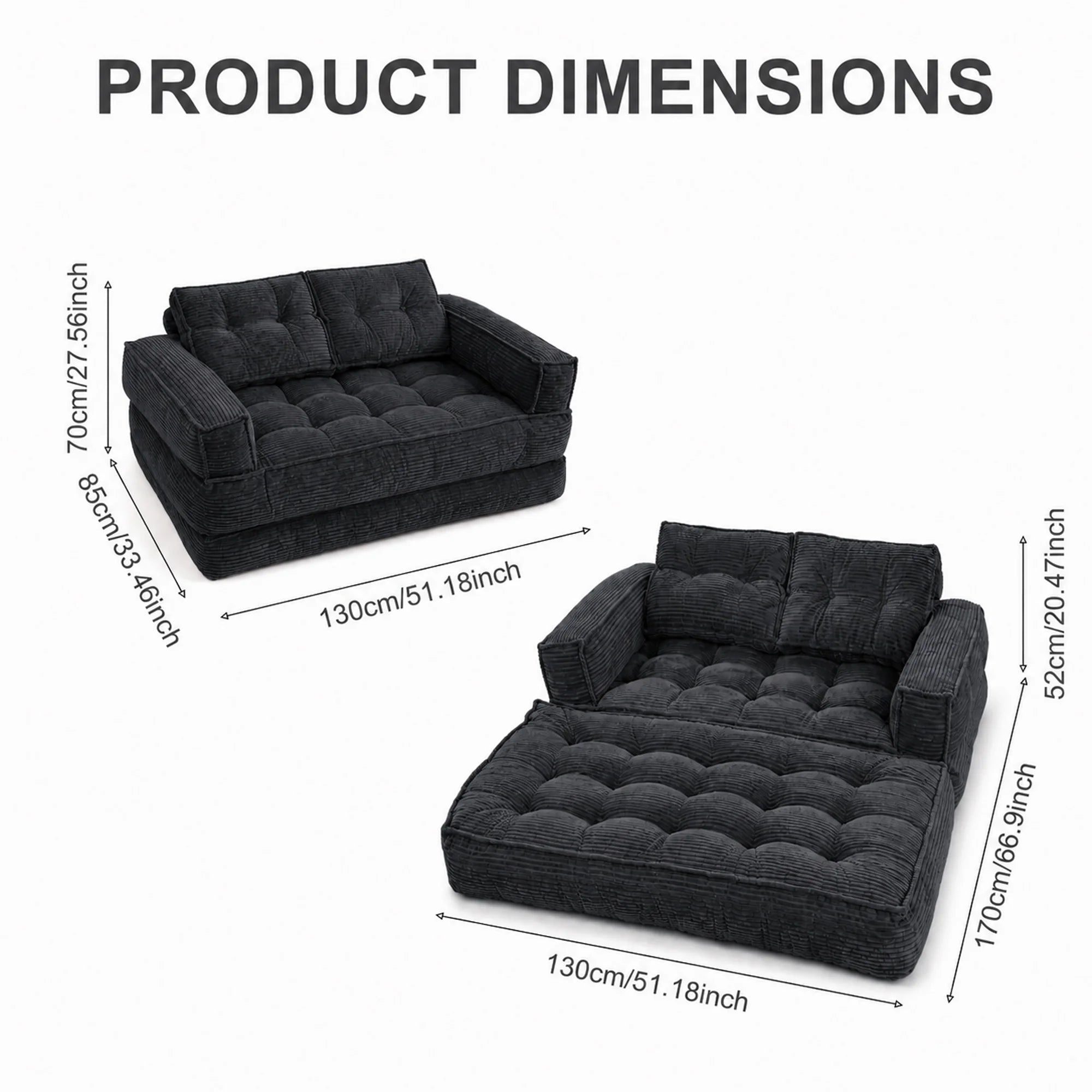 Modern Corduroy Sofa With Chaise And Convertible Floor Couch