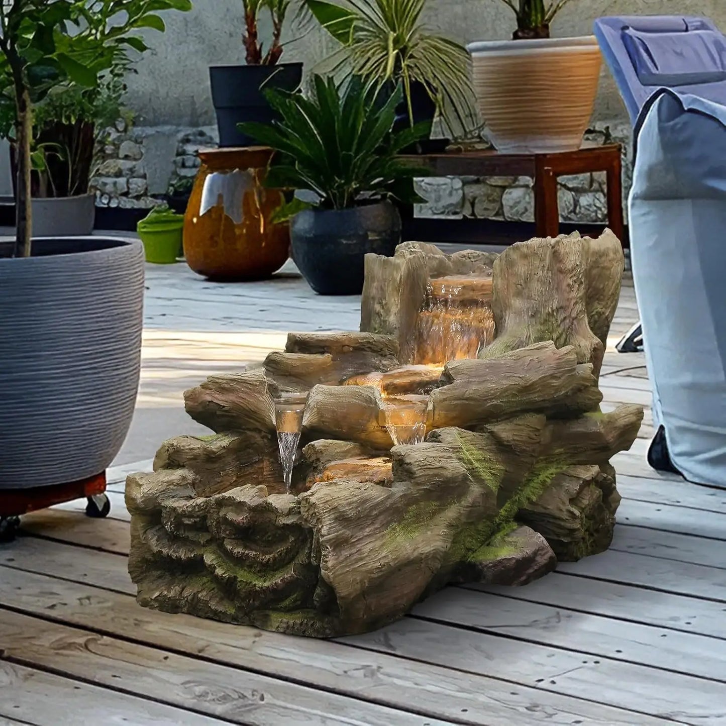 Outdoor Three Tier Tree Trunk Waterfall Fountain With LED
