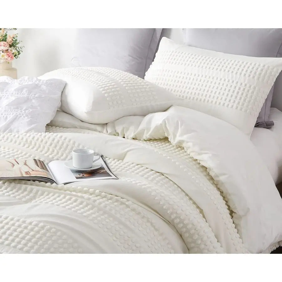 Microfiber Jacquard Comforter Set With Pom Pom Tufted Accents