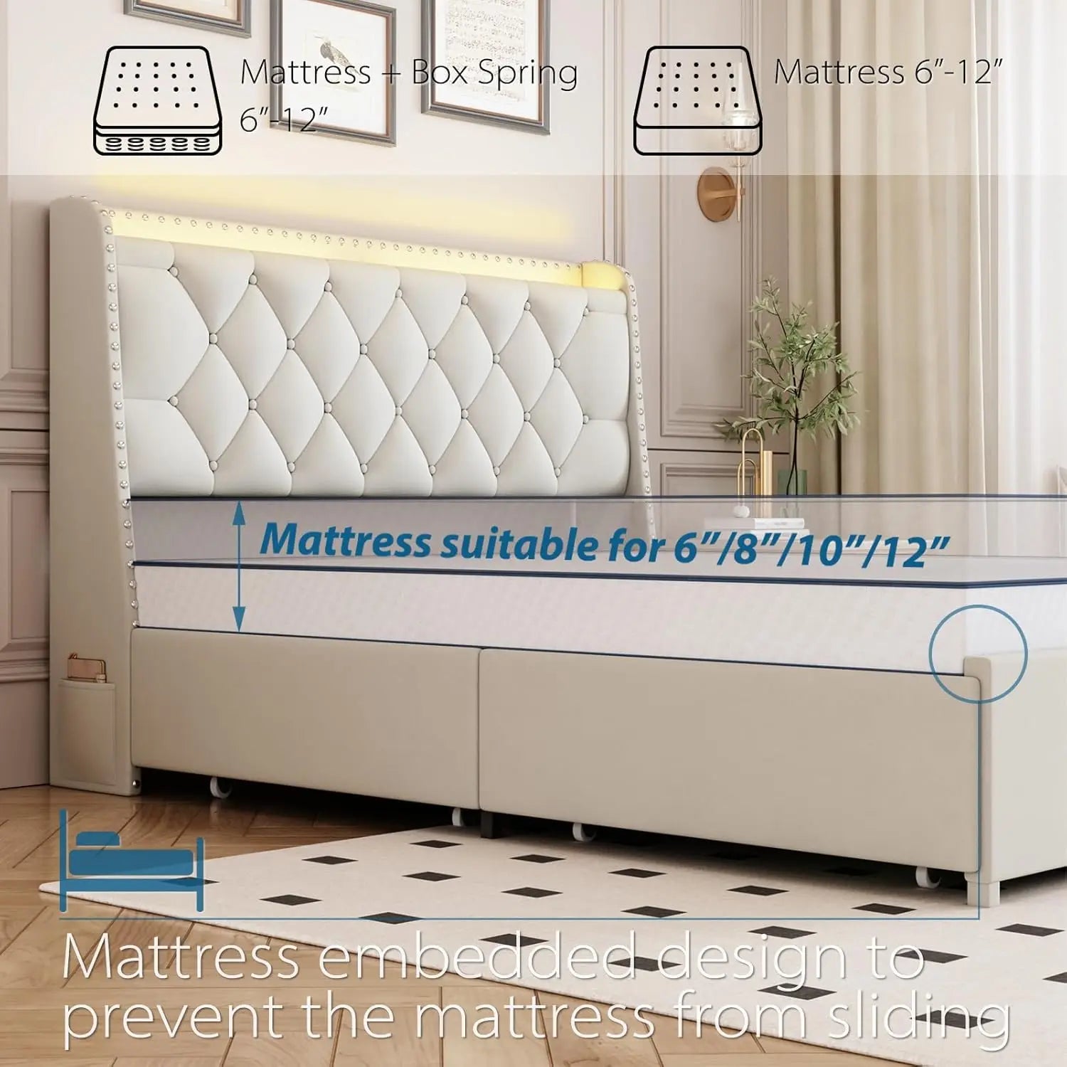 Bed Frame With 4 Drawers LED Lights And Charging Station