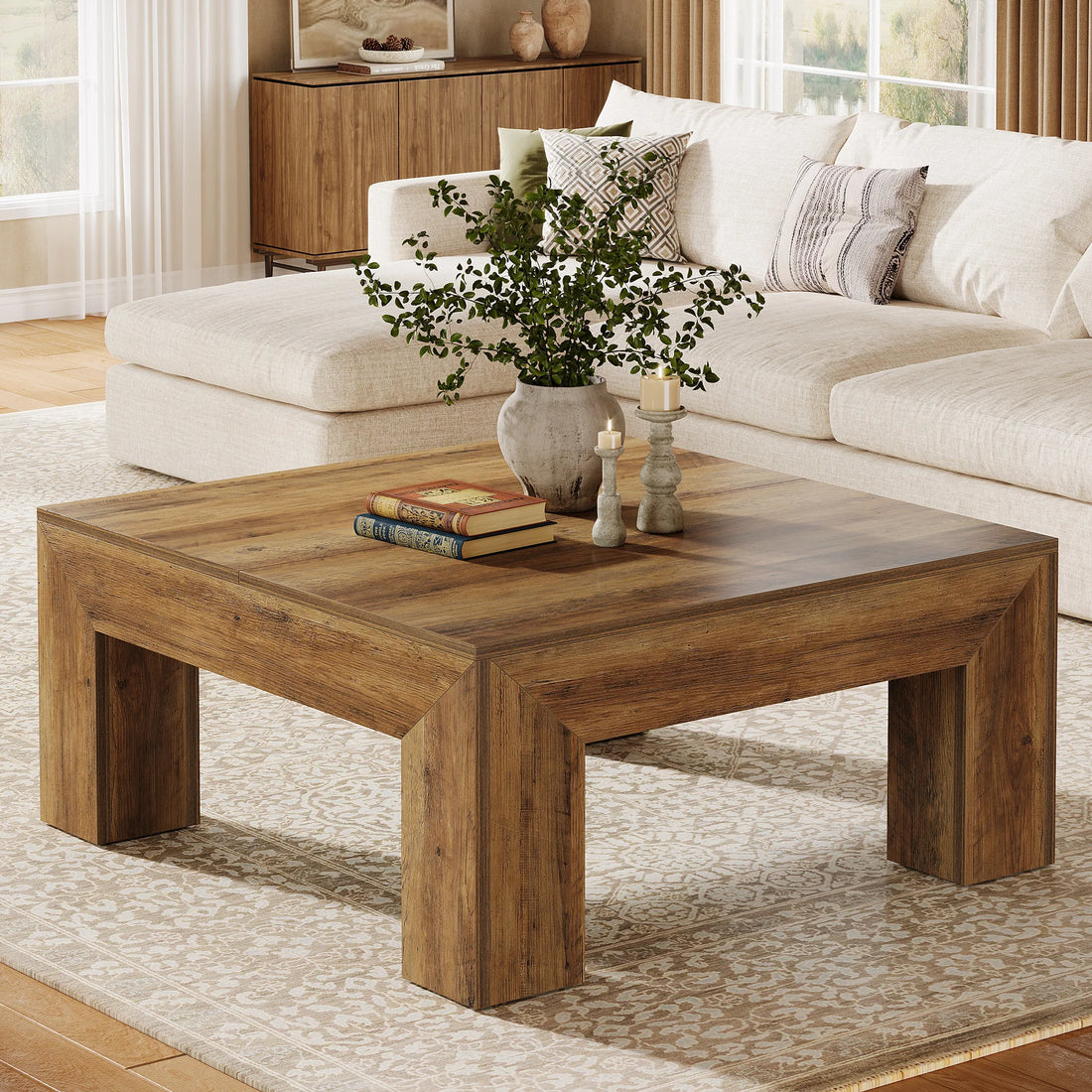 Tribesigns Square Coffee Table Farmhouse Center Table With Wooden Legs