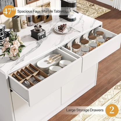 Modern Kitchen Island Faux Marble Countertop With Storage Drawers
