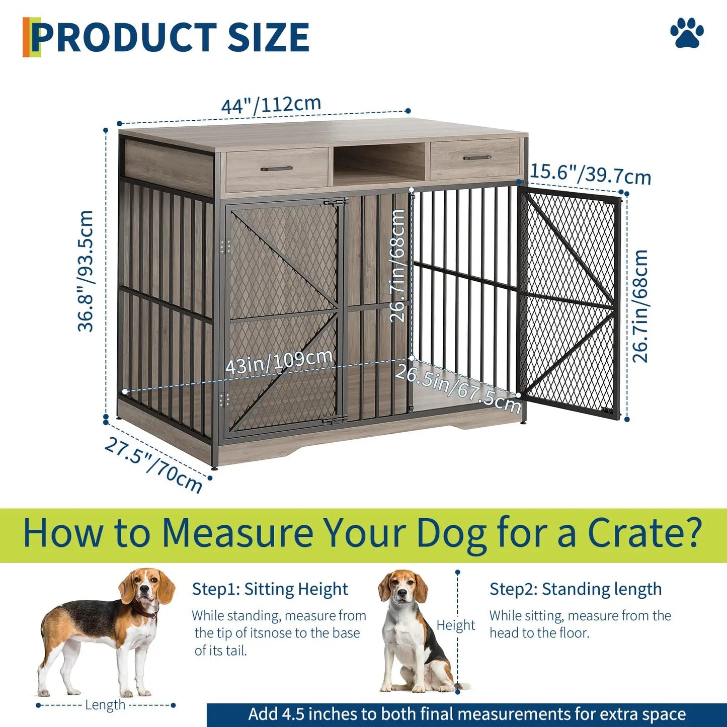 HiMISSDog Heavy Duty Dog Crate Furniture With Drawers