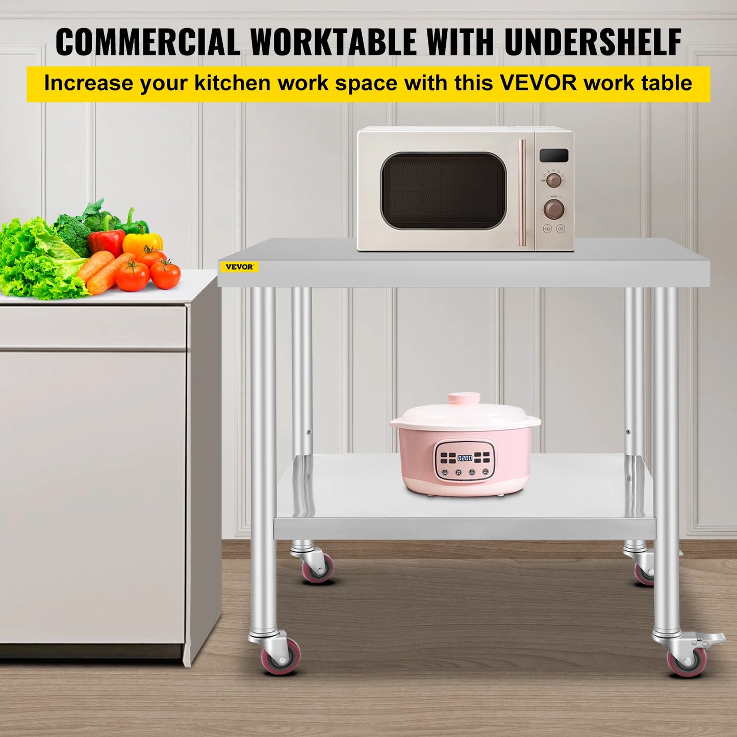 SucceBuy Stainless Steel Kitchen Prep Table With 4 Casters And Backsplash