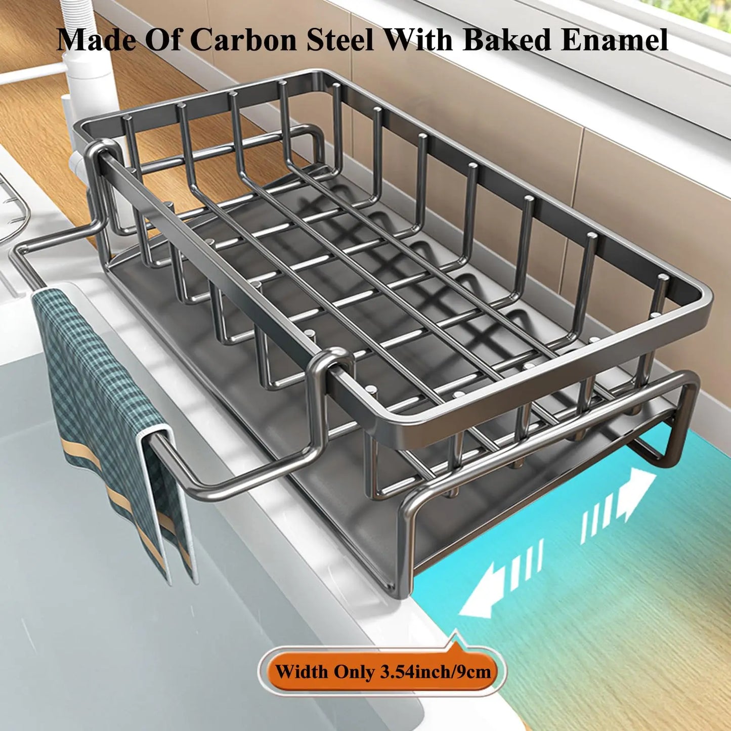 Rustproof Carbon Steel Kitchen Sink Organizer With Sponge Holder And Dispenser