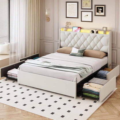 Bed Frame With 4 Drawers LED Lights And Charging Station