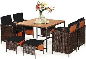 Outdoor 9 Piece Patio Dining Set With Rattan Chairs Table