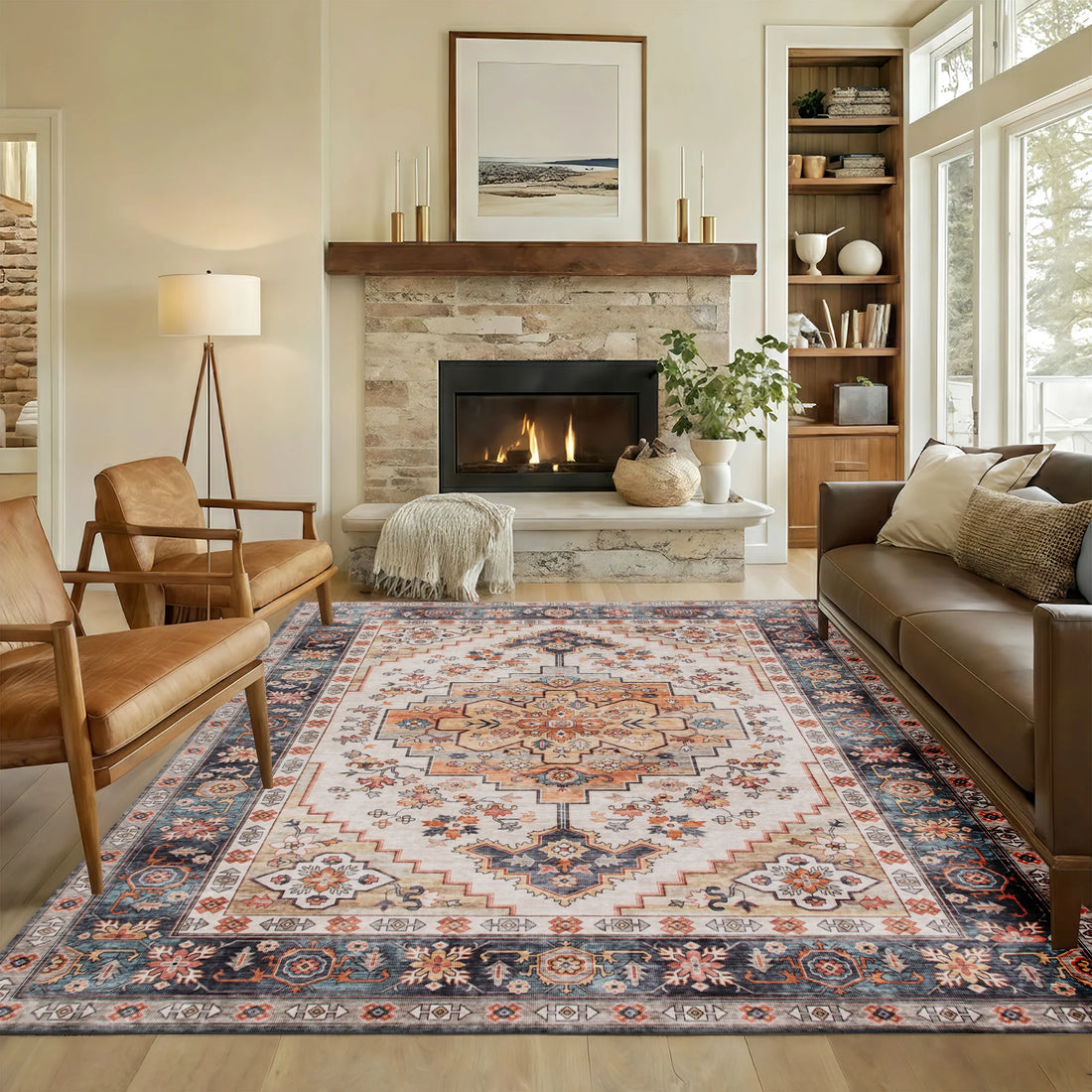 Machine Washable Vintage Oriental Medallion Area Rug For Home Decor