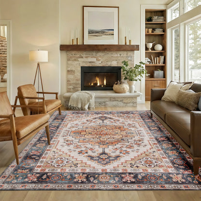 Machine Washable Vintage Oriental Medallion Area Rug For Home Decor