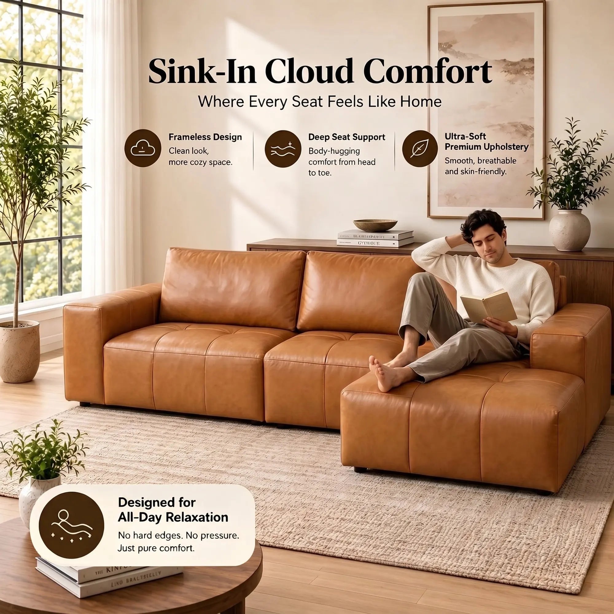 Modern Boneless L Shaped Faux Leather Sectional Sofa With Chaise