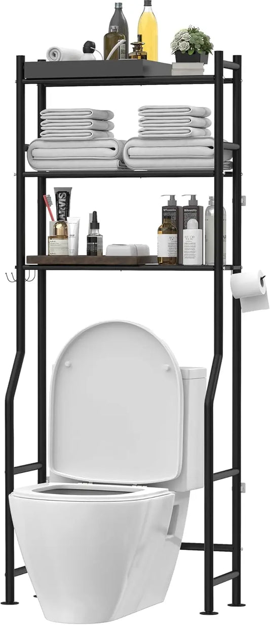 3-Tier Freestanding Metal Bathroom Shelves With Hooks And Paper Holder