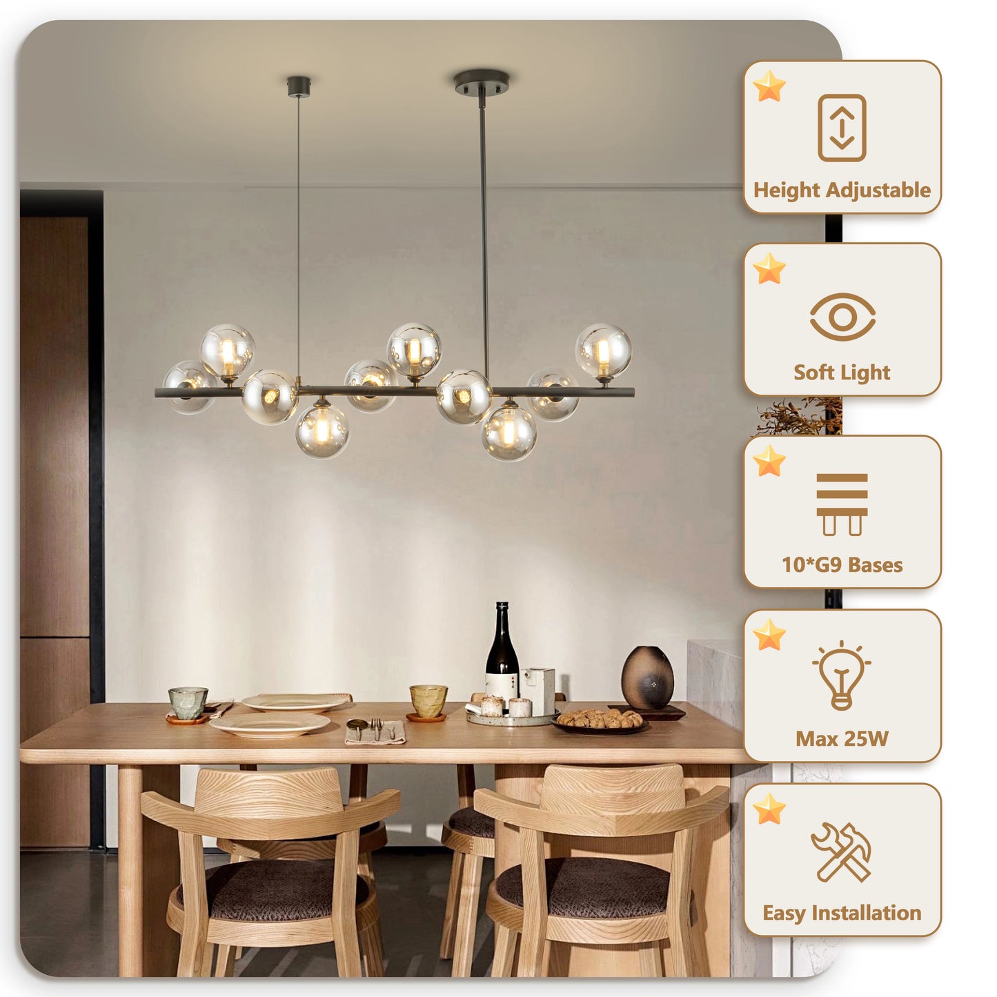 10-Light Adjustable Chandelier With Glass Globe Shades Mid-Century Modern