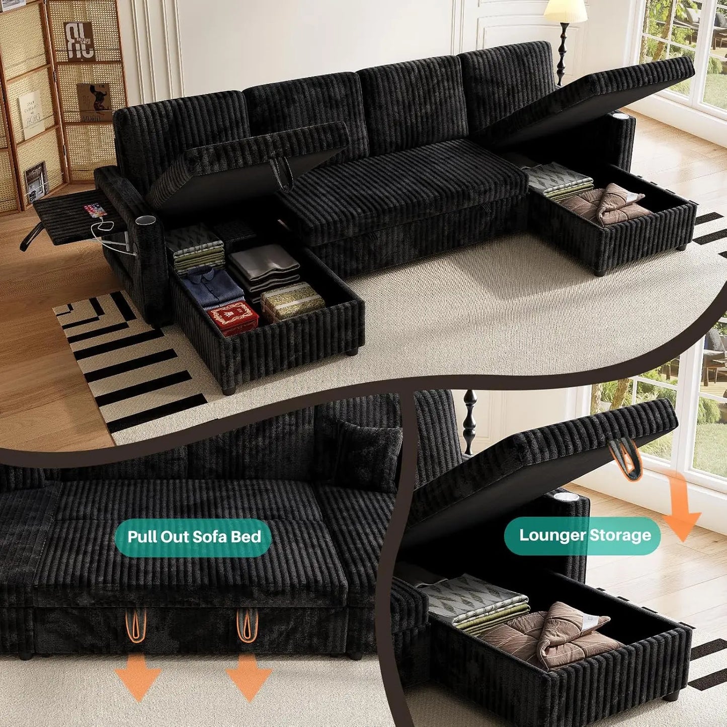 U Shaped Sleeper Sectional Sofa USB Pullout Bed And Storage