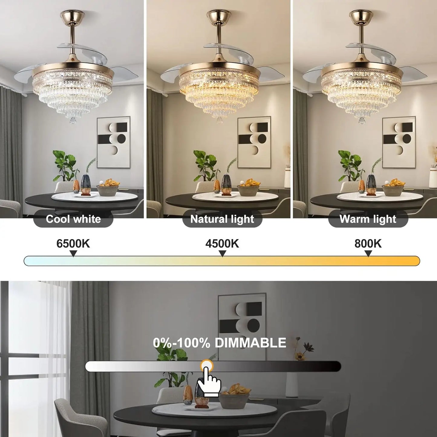 Dimmable LED Crystal Fandelier Ceiling Fan With Light
