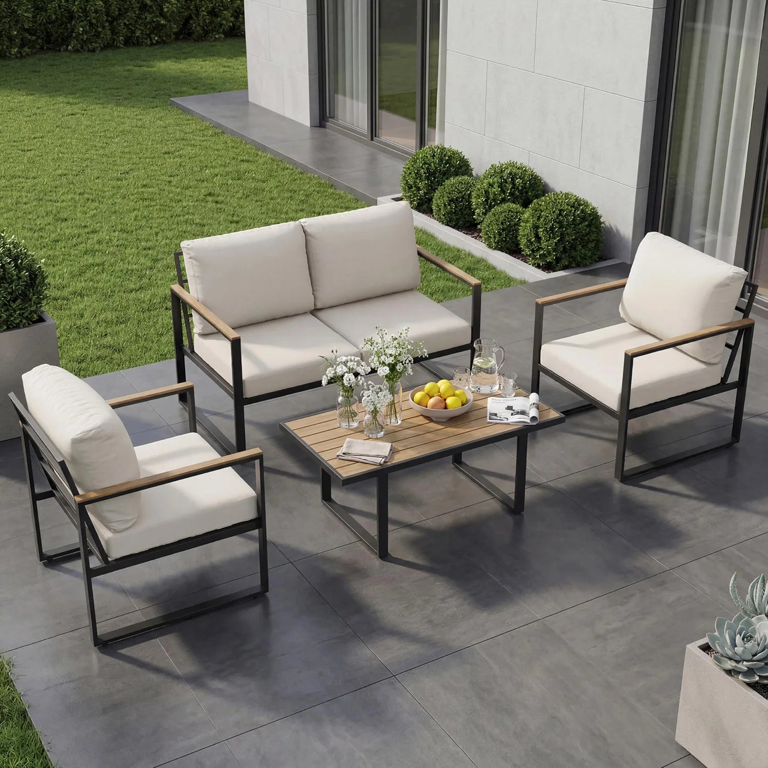 HobbyLane Modern 4 Piece Outdoor Sofa Set With Coffee Table