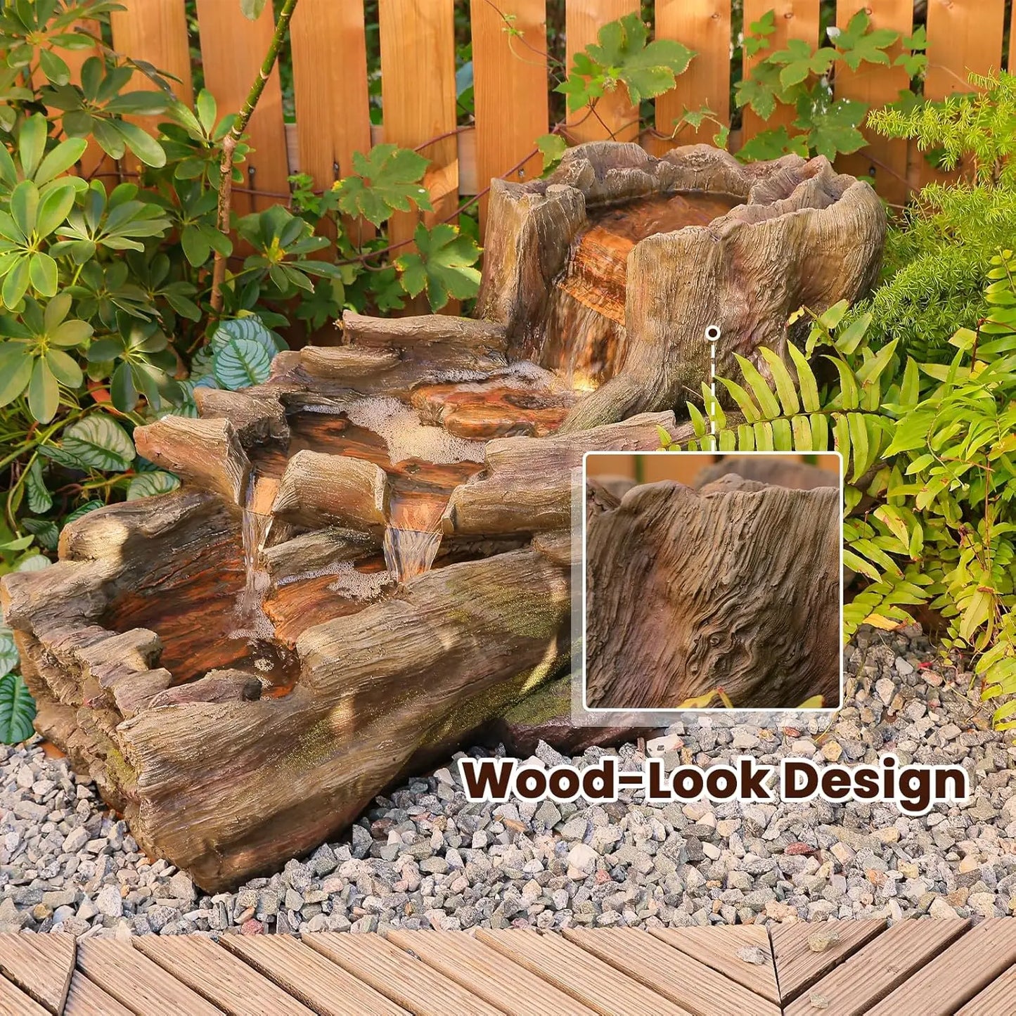 Outdoor Three Tier Tree Trunk Waterfall Fountain With LED