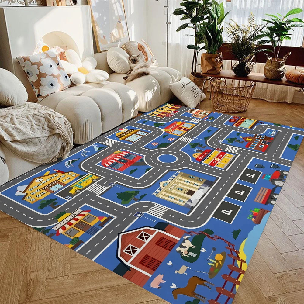 Kids Car Play Mat Rug Non Slip Traffic City Playroom