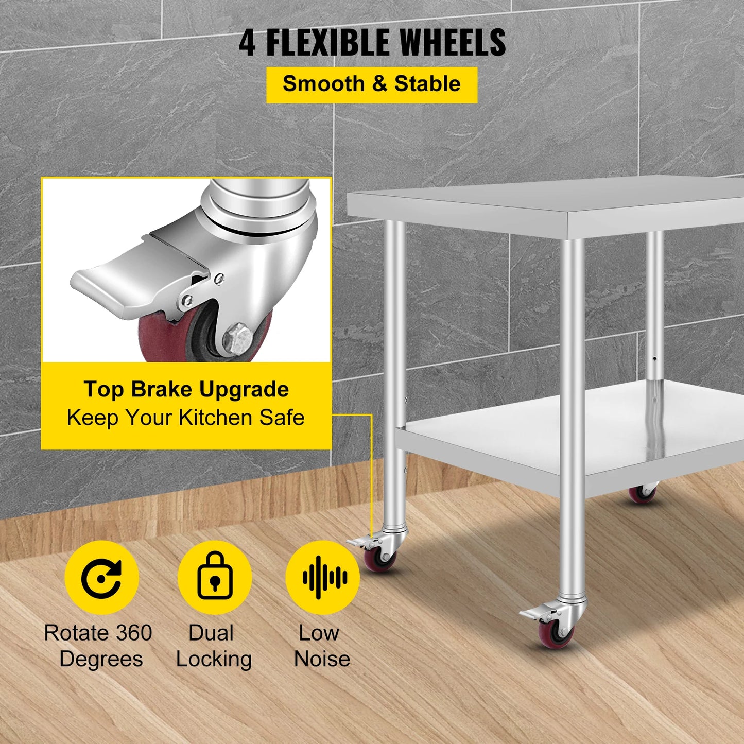 SucceBuy Stainless Steel Kitchen Prep Table With 4 Casters And Backsplash