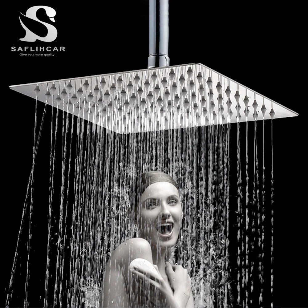 SAFLIHCAR Chrome Ultrathin Rainfall Shower Head Square Wall Mounted