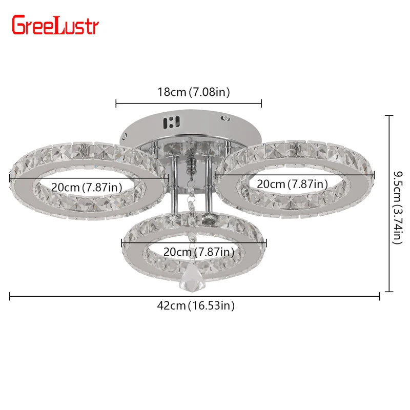 GreeLustr Crystal Led Rings Chandeliers Mirror Stainless Steel Ceiling Fixtures