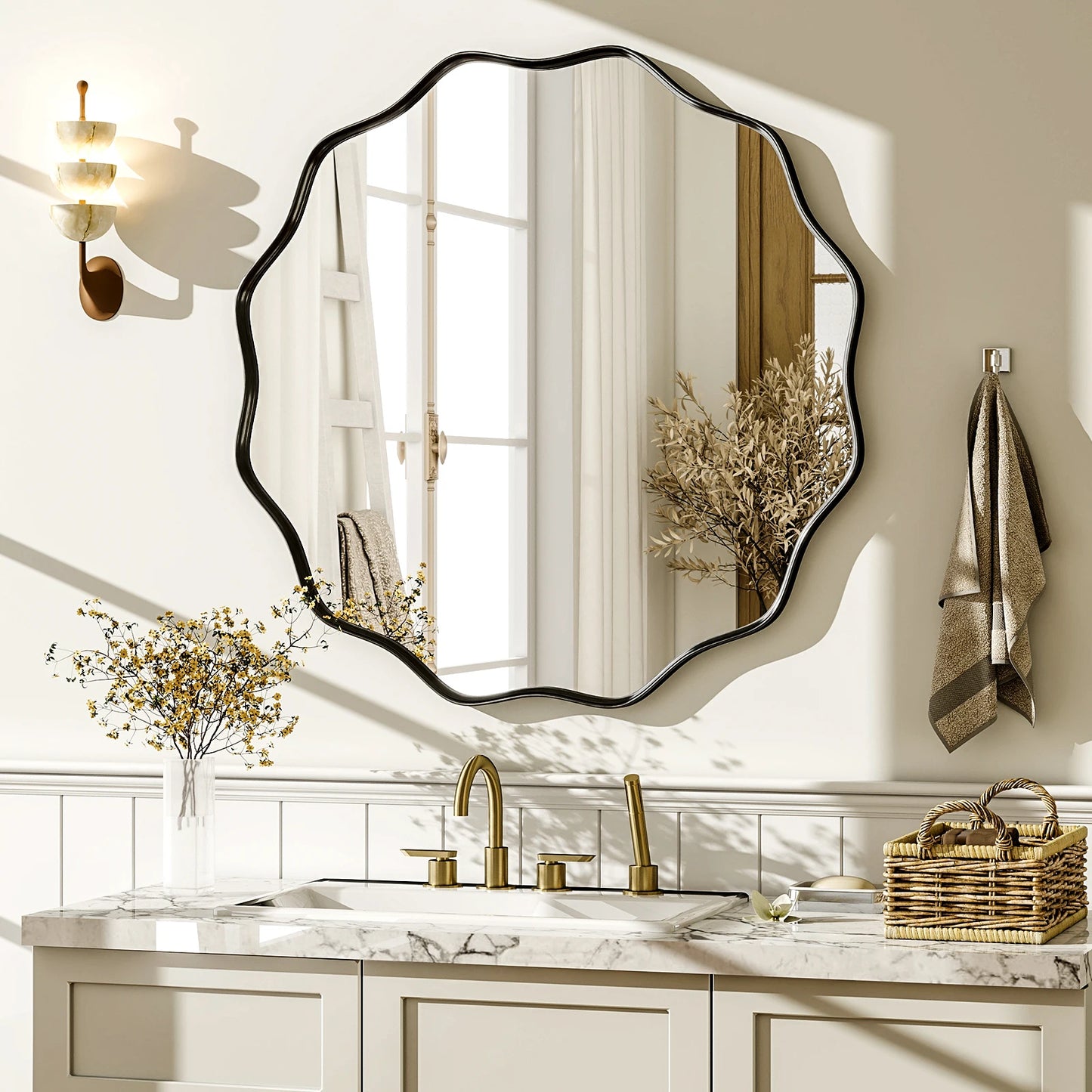BEAUTYPEAK Wavy Round Decorative Bathroom Mirror With Deep Frame