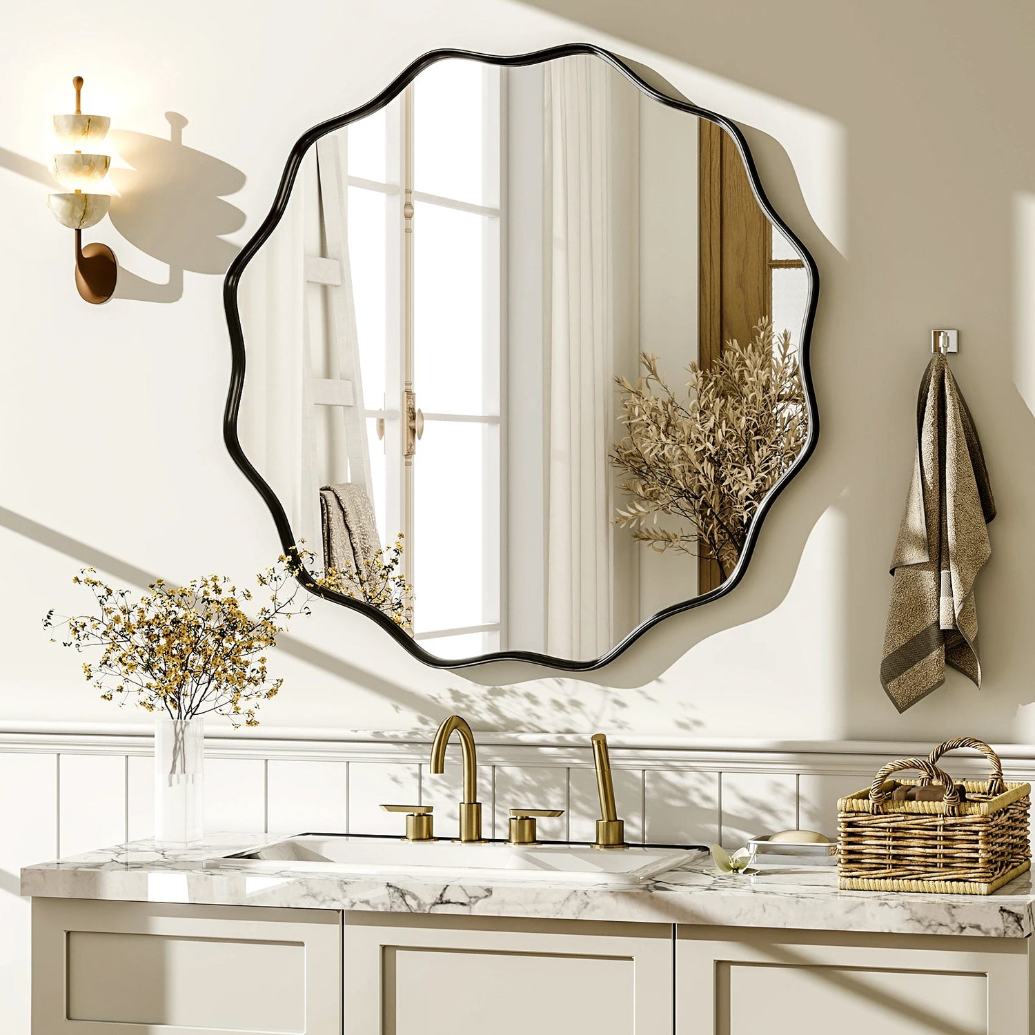 BEAUTYPEAK Wavy Round Decorative Bathroom Mirror With Deep Frame