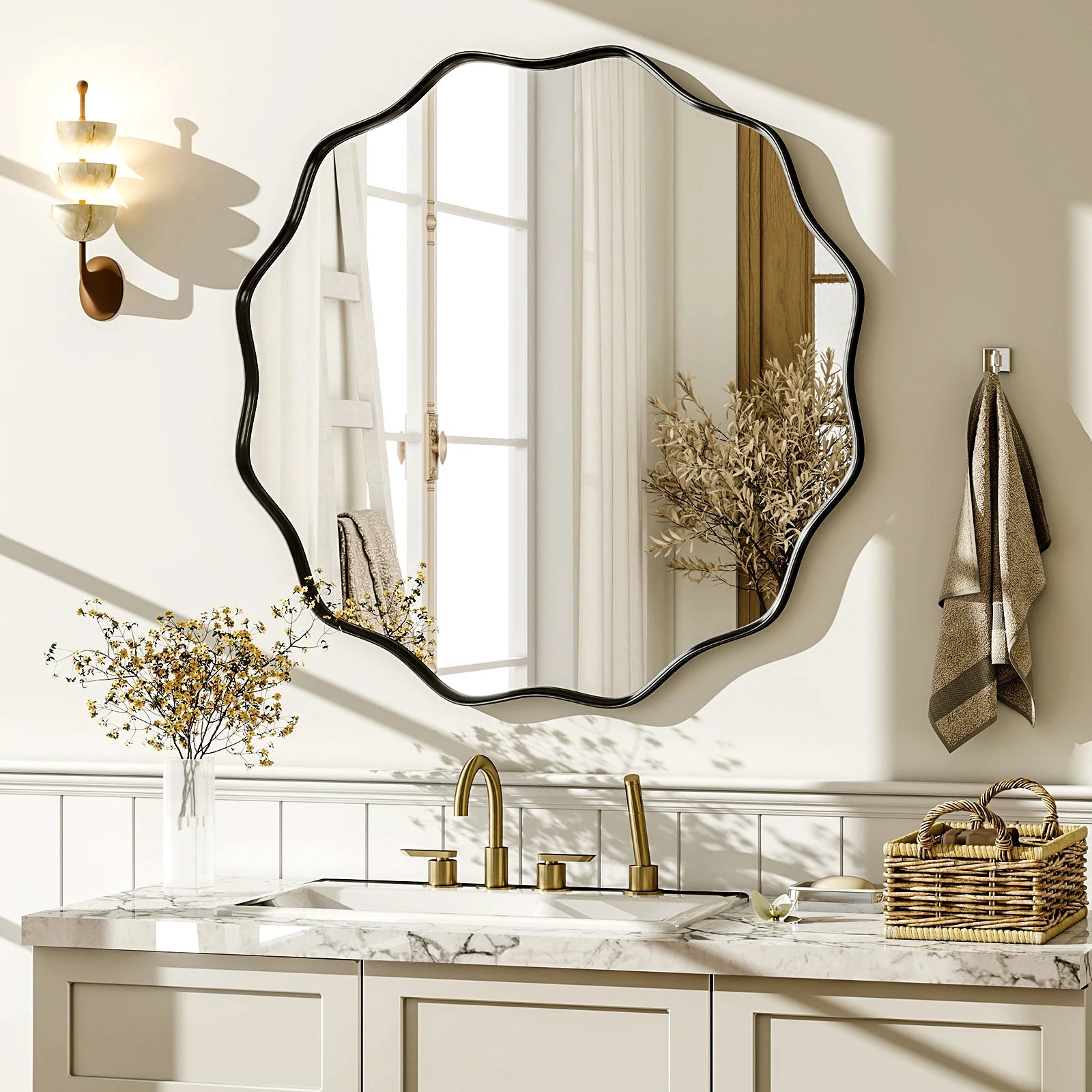 BEAUTYPEAK Wavy Round Decorative Bathroom Mirror With Deep Frame