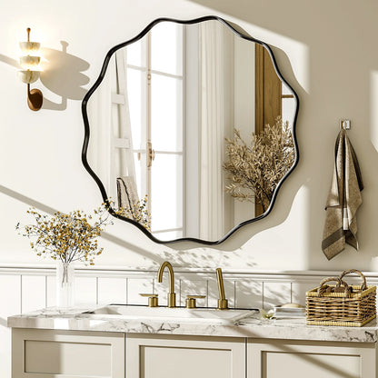 BEAUTYPEAK Wavy Round Decorative Bathroom Mirror With Deep Frame