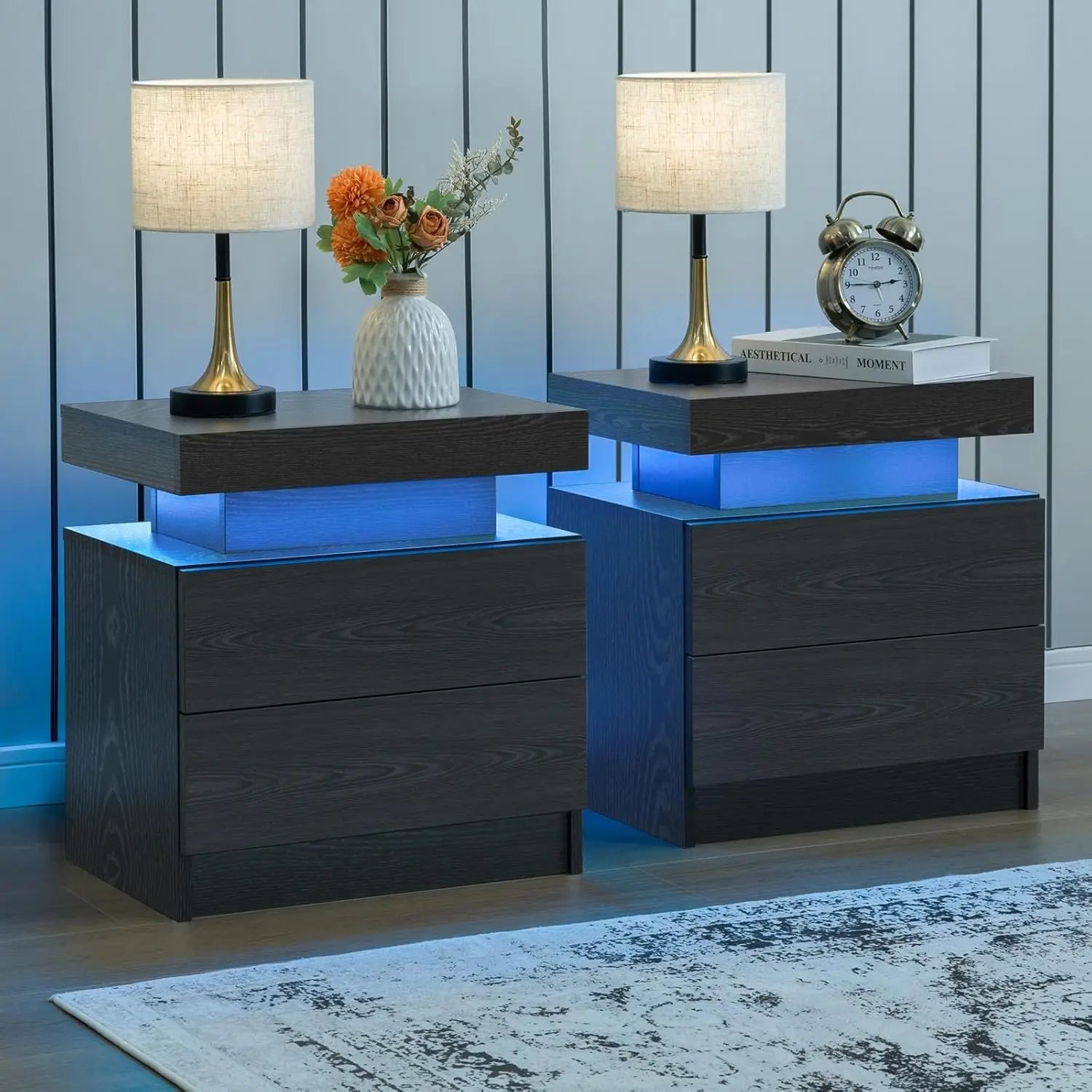 Cubehom LED Nightstands Set Of Two With Drawers Bedside Tables