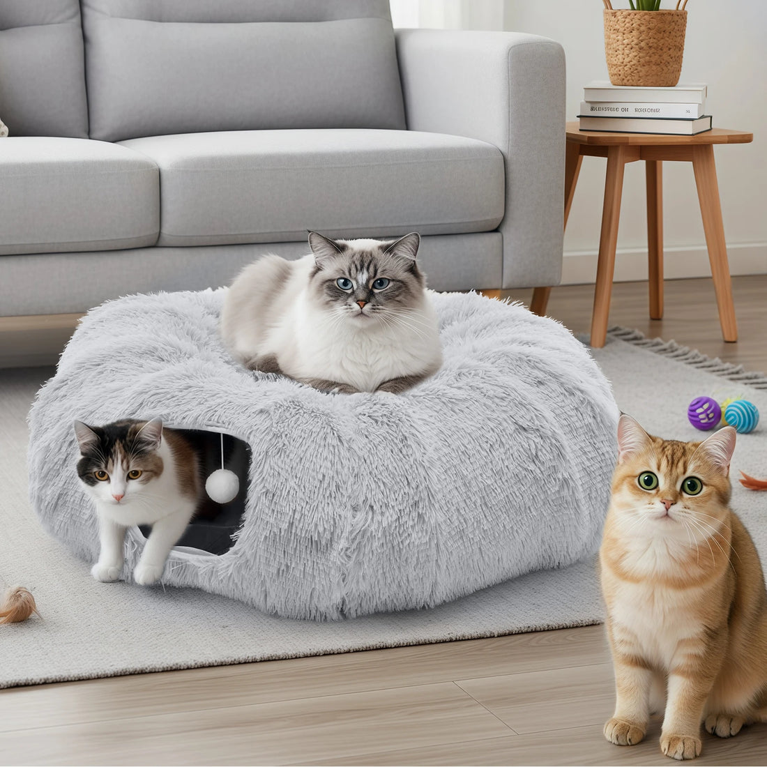 JHK Cat Tunnel Bed Indoor Plush Washable Multifunctional Playground