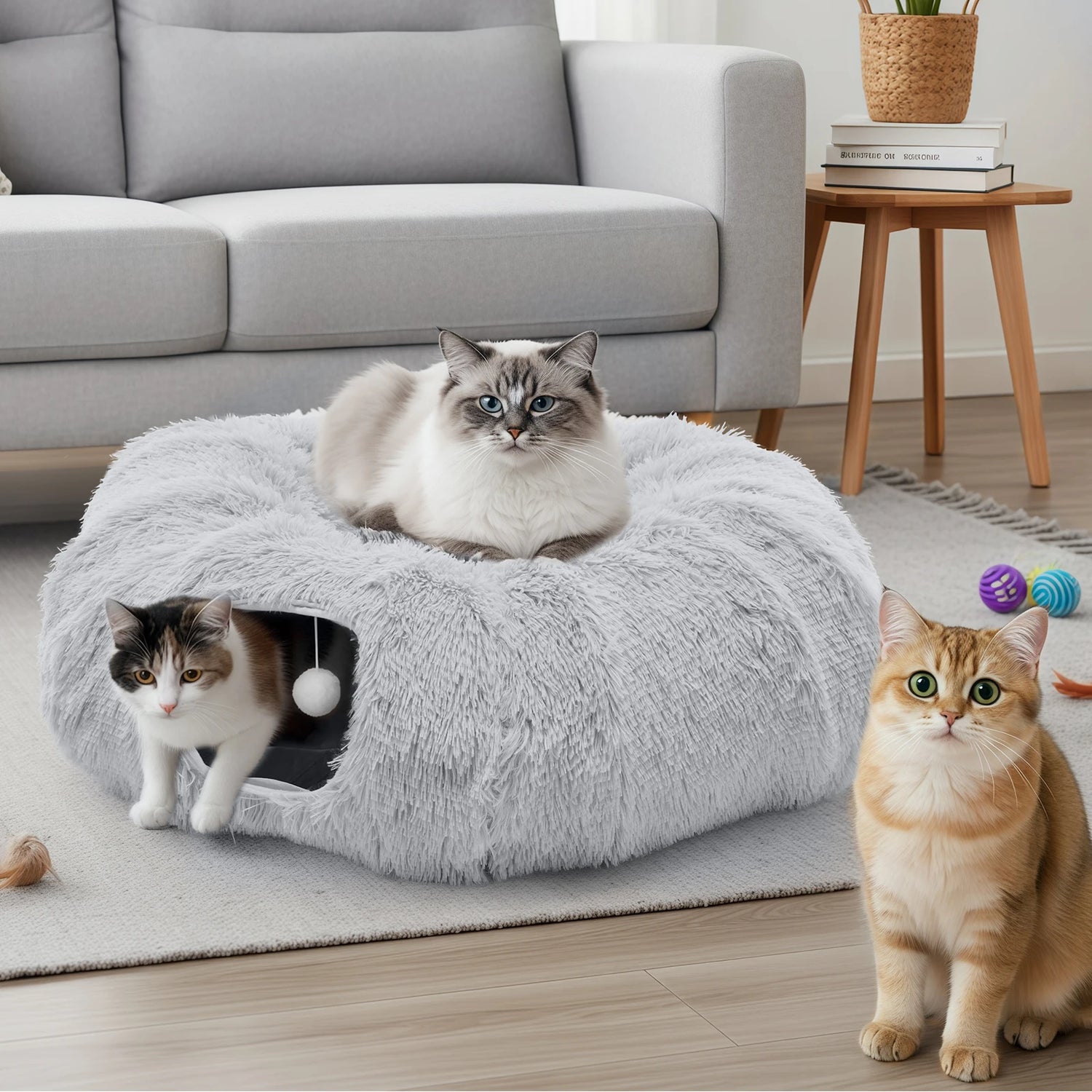 JHK Cat Tunnel Bed Indoor Plush Washable Multifunctional Playground