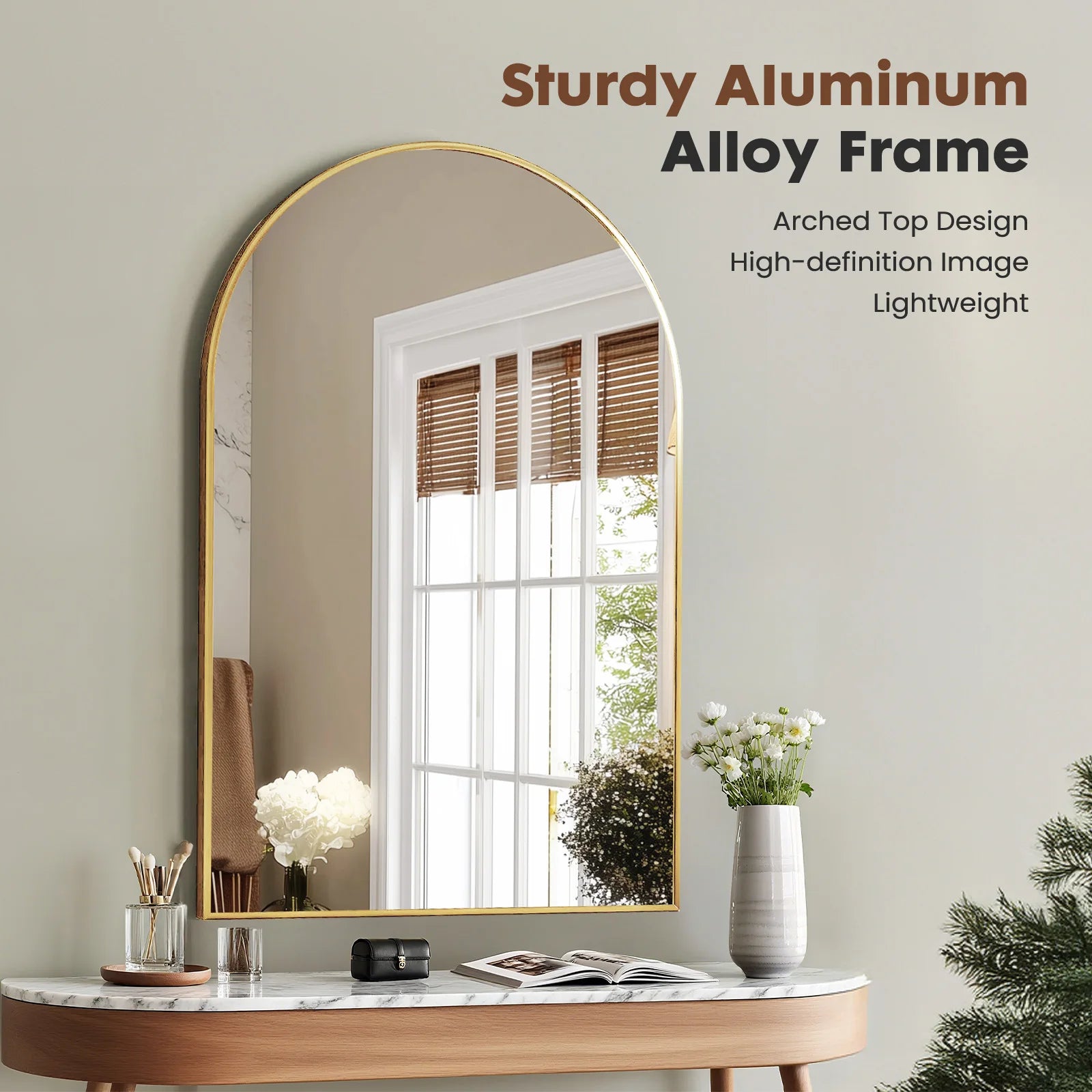 JHK Arched Metal Framed Bathroom Wall Mirror