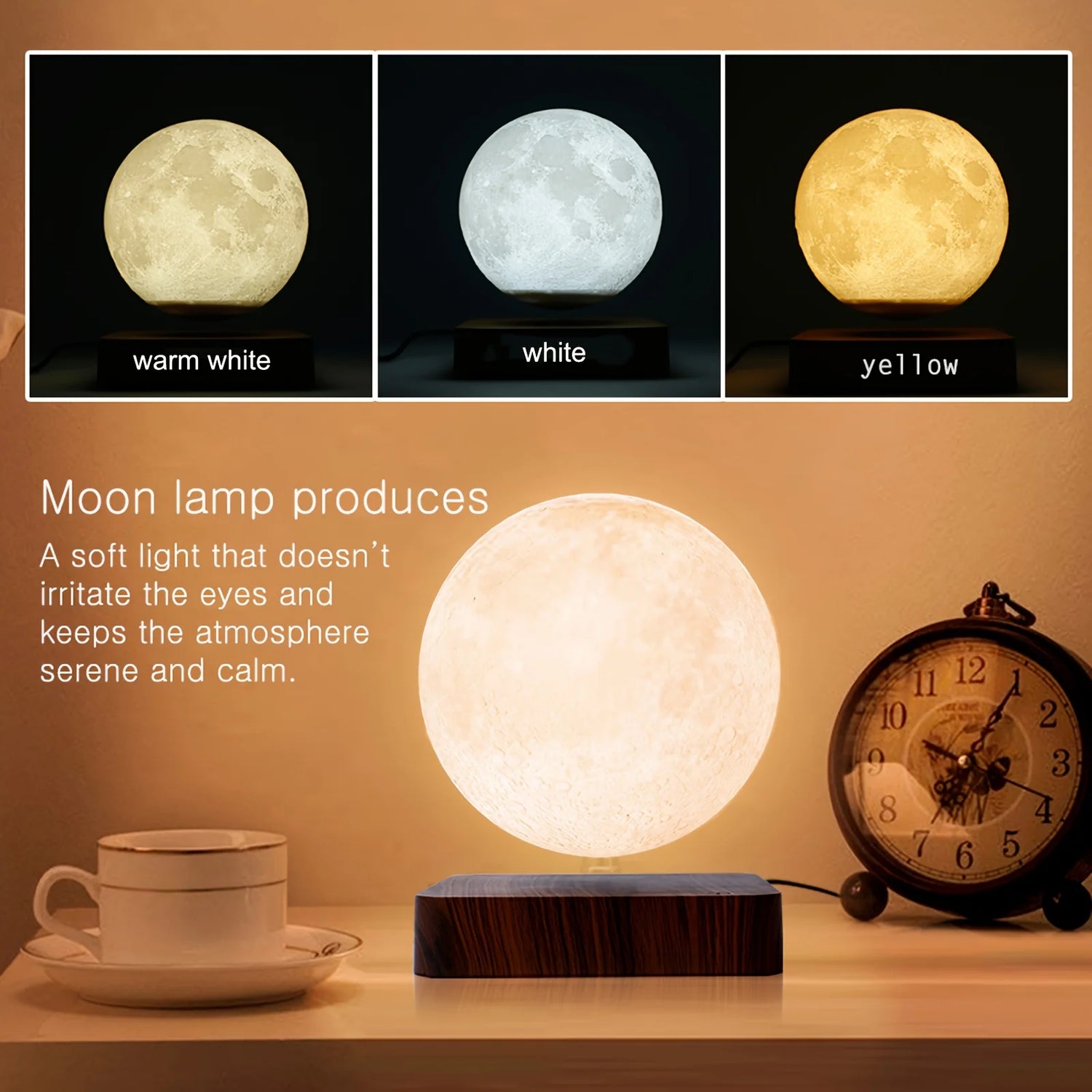 Mexllex Magnetic Floating Moon Lamp With Wooden Base 3-Temperature LED
