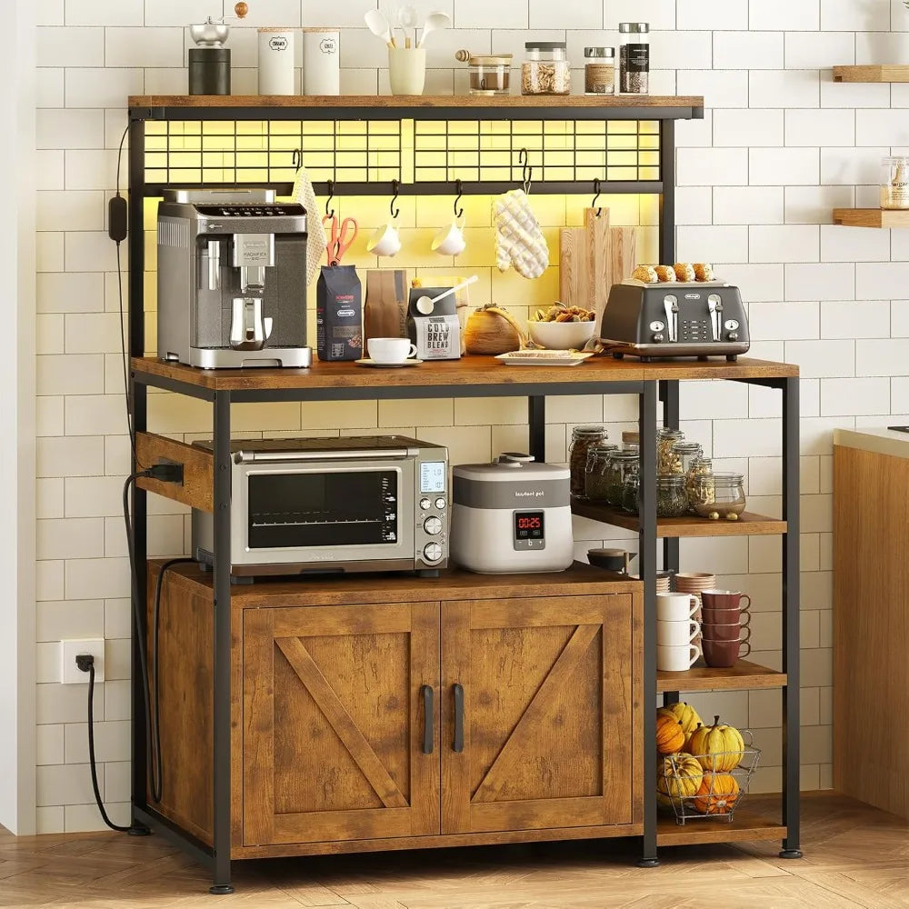 Bakers Rack With Power Outlet And LED Light Microwave Stand