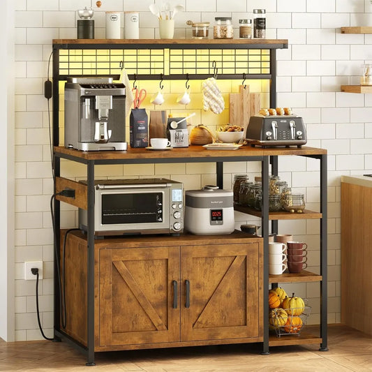 Bakers Rack With Power Outlet And LED Light Microwave Stand