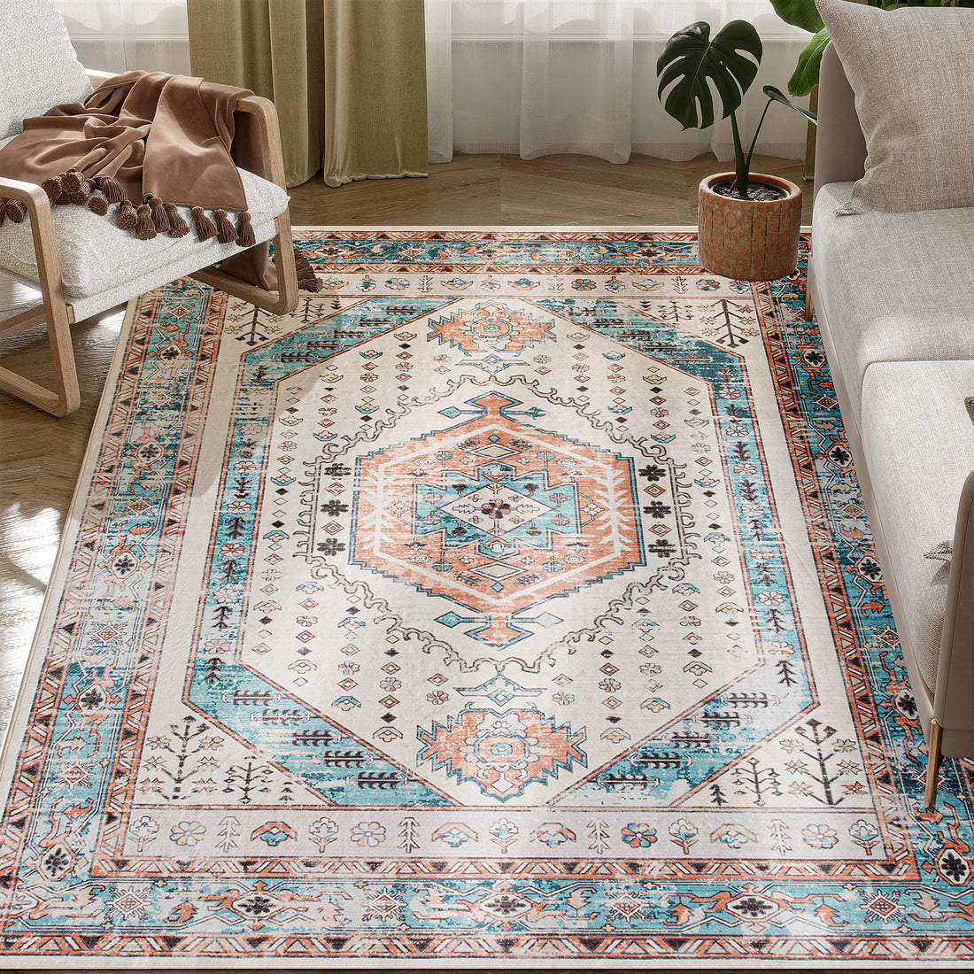 Soft Machine Washable Area Rug With Vintage Medallion Design